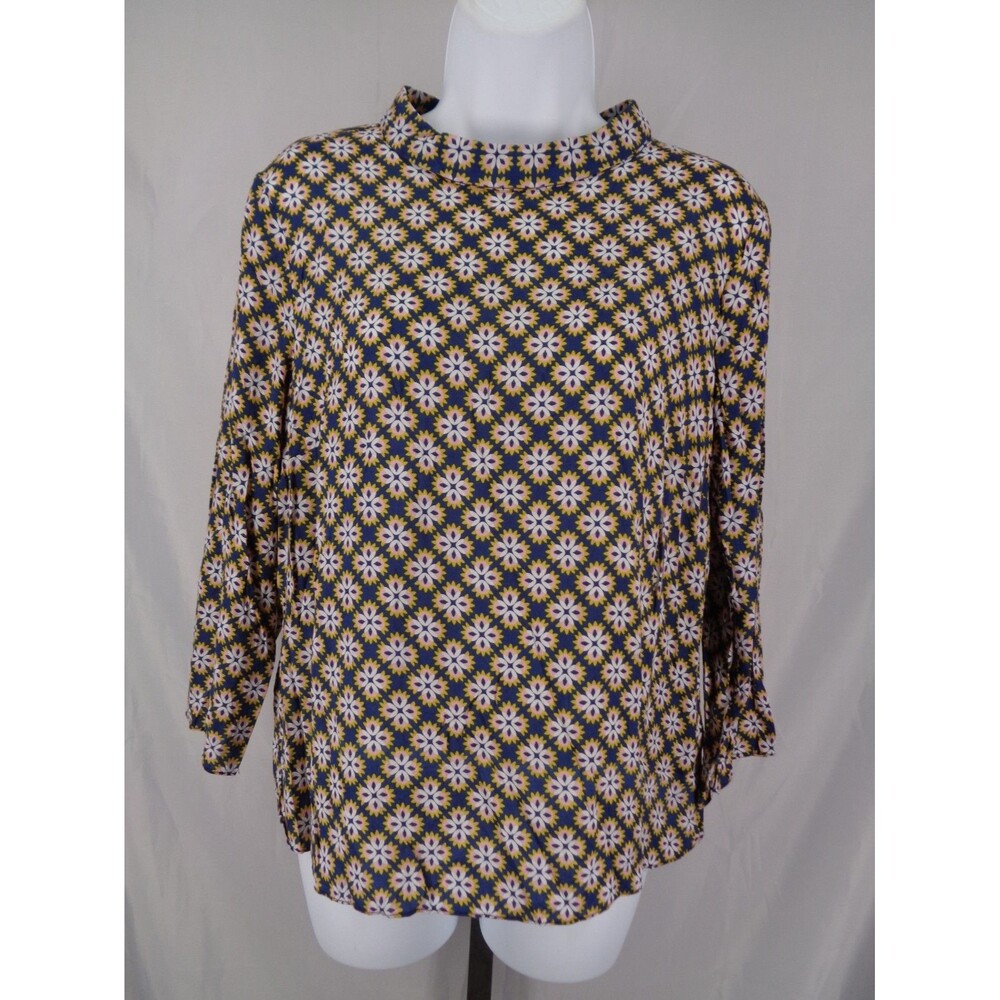 Boden Lily Top Blouse Blue Tile Print Roll Collar Size 10P